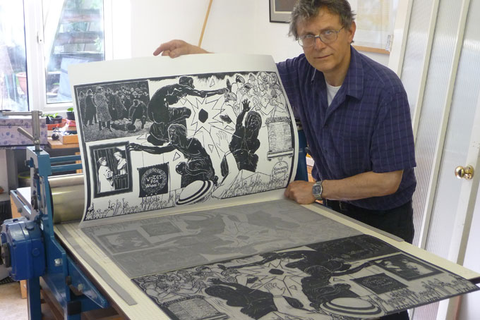 Off-setting the key design of "Homage to Edith Downing" on to new lino blocks for additional colours.